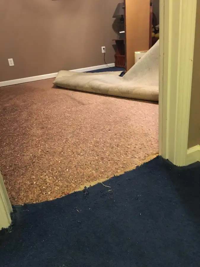 Carpet pad removal revealing water damage during Drying & Dehumidification in Greenburgh